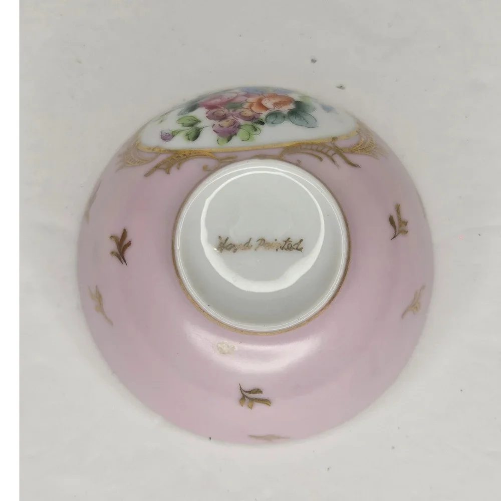 Vintage Hand Painted Pink Porcelain Tea Bowl Floral Gold Gilt Trim Victorian